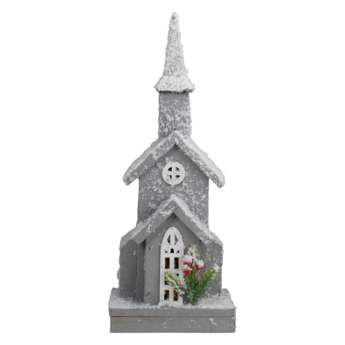 Lighted Snowy Church with Berry Pine Christmas Decoration - 16" - Gray and White - IMAGE 1