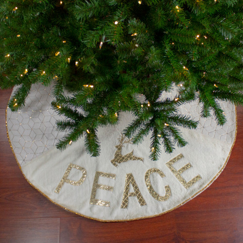 48" Cream and Gold Peace and Reindeer Christmas Tree Skirt - IMAGE 1