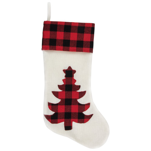 20" Cream White, Red, and Black Buffalo Plaid Tree Christmas Stocking - IMAGE 1