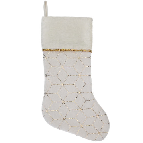 20" Cream and Gold Christmas Stocking with Faux Fur - IMAGE 1