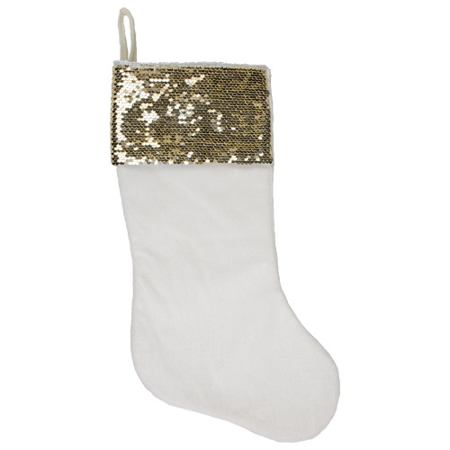 20" Gold and White Reversible Sequin Cuff Christmas Stocking - IMAGE 1