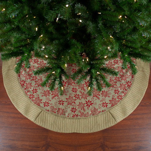 48" Tan and Red Rustic Burlap Poinsettia Christmas Tree Skirt - IMAGE 1