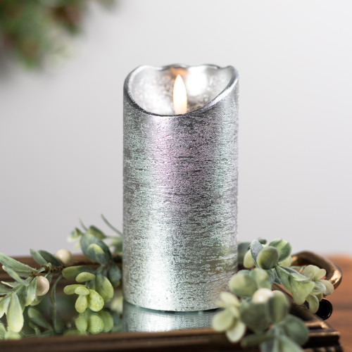 Lighted LED Flameless Flickering Pillar Christmas Candle - 6" - Silver - IMAGE 1