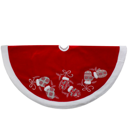 48-Inch Red and White Embroidered Winter Mittens Christmas Tree Skirt - IMAGE 1