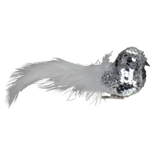 Sequin Front Facing Bird Clip On Christmas Ornament - 6" - Silver and White - IMAGE 1