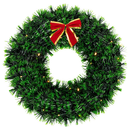 17-Inch Pre-Lit Green Tinsel Artificial Christmas Wreath with Bow - Clear LED Lights - IMAGE 1