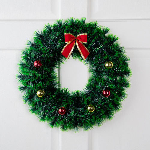 Tinsel Artificial Christmas Wreath with Ornaments and Bow - 17" - Unlit - IMAGE 1