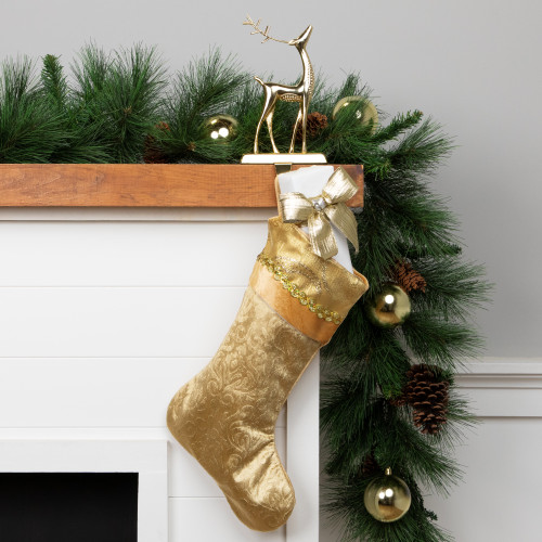 20.5" Gold Etched Velvet Christmas Stocking with Glitter Print and Metallic Trim - IMAGE 1