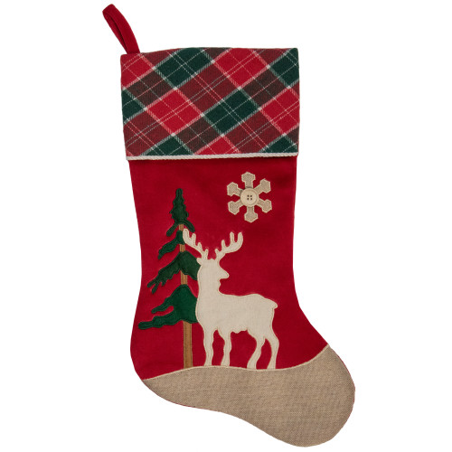 20.5-Inch Red and Green Plaid Christmas Stocking with a Pine Tree and Moose - IMAGE 1