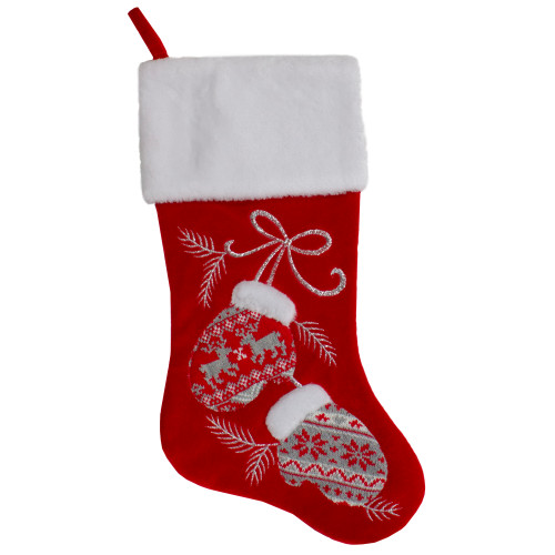 20.5-Inch Red and White Winter Mittens Embroidered Christmas Stocking - IMAGE 1