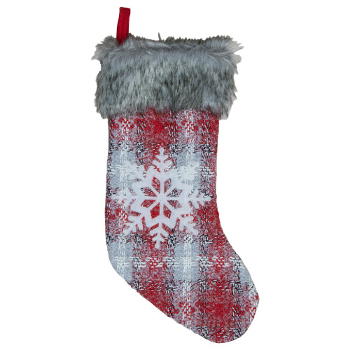 18-Inch Red and White Plaid Faux Fur Christmas Stocking with Snowflake - IMAGE 1