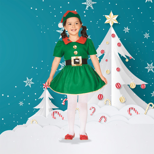 28" Green and Red Girl's Elf Christmas Costume - 6-8 Years - IMAGE 1