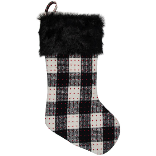 21" Black and Ivory Plaid with Dots and Faux Fur Cuff Christmas Stocking - IMAGE 1