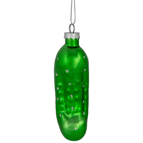 4" Shiny Green Pickle Hanging Glass Christmas Ornament - IMAGE 1