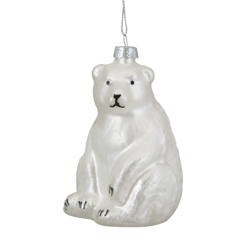 Glittered Polar Bear Glass Christmas Ornament - 4" - White - IMAGE 1