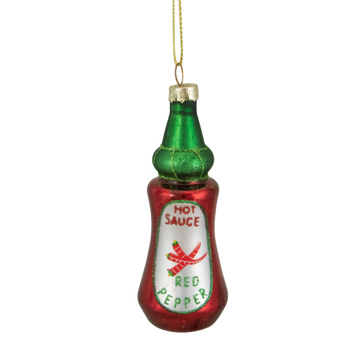 4" Red and Green Bottle of Hot Sauce Glass Christmas Ornament - IMAGE 1