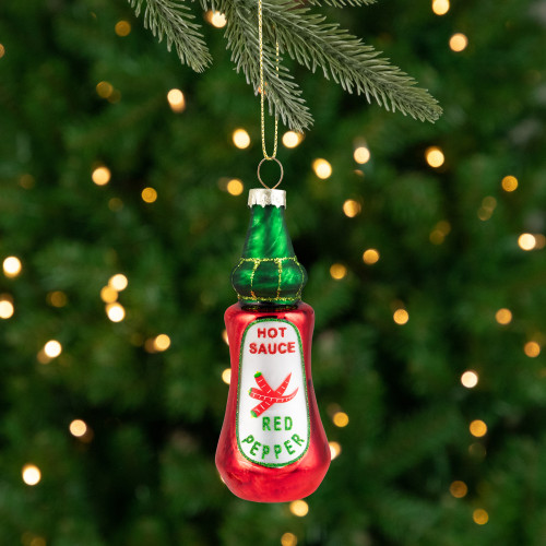 Glittered Bottle of Hot Sauce Glass Christmas Ornament - 4" - Red and Green - IMAGE 1