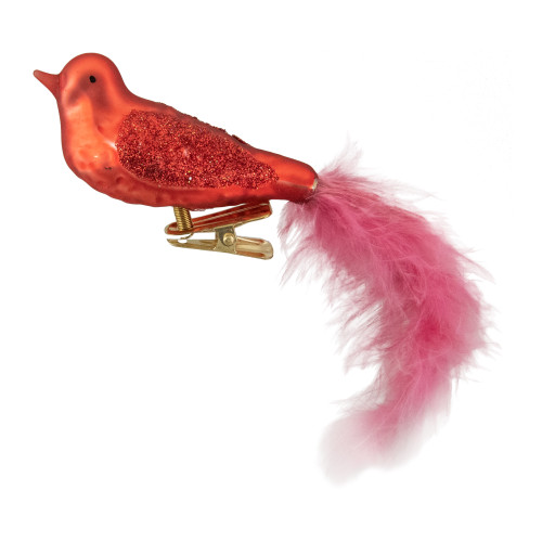 Glitter Winged Bird Clip On Glass Christmas Ornament - 5.5" - Orange Red and Pink - IMAGE 1