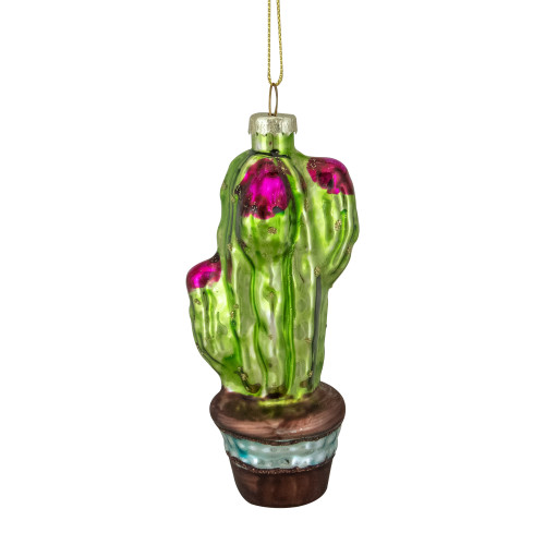 4.75" Green and Pink Potted Cactus Glass Christmas Ornament - IMAGE 1