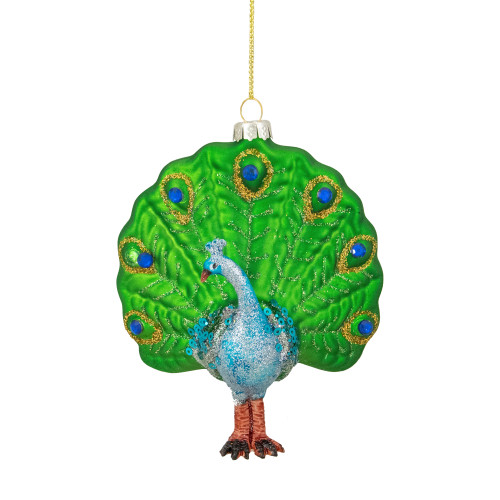Standing Glittered Peacock Glass Christmas Ornament - 4.75" - Lime Green and Blue - IMAGE 1