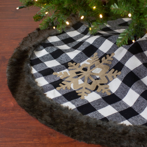 48" Black and White Buffalo Plaid Christmas Tree Skirt with Burlap Snowflake - IMAGE 1