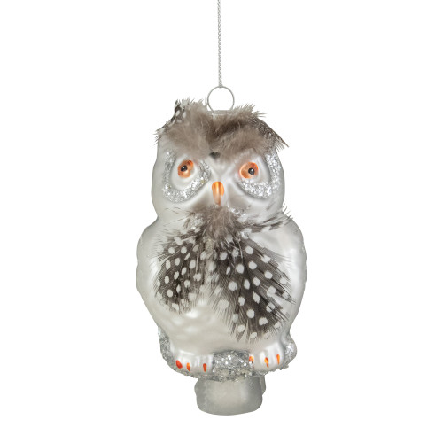 5" Silver and Brown Glass Snow Owl Christmas Ornament - IMAGE 1