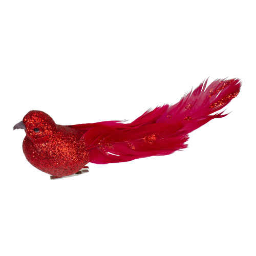 Glittered Bird With Feather Tail Christmas Clip On Ornament - 7" - Red - IMAGE 1