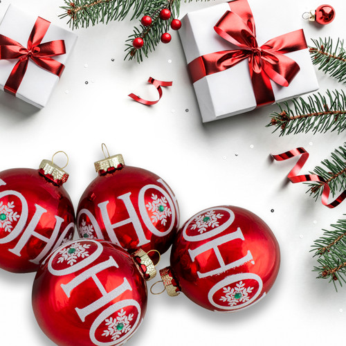 Set of 4 Red Ho Ho Ho Glass Ball Christmas Ornaments 3.25-Inch (80mm) - IMAGE 1
