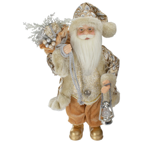 12" Standing Santa Christmas Figure Carrying a Silver Lantern - IMAGE 1