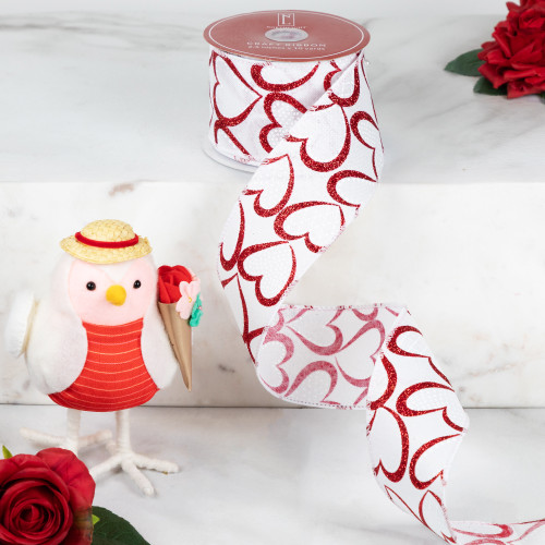 Glitter Hearts Valentine's Wired Craft Ribbon - 2.5" x 10 Yards - White and Red - IMAGE 1
