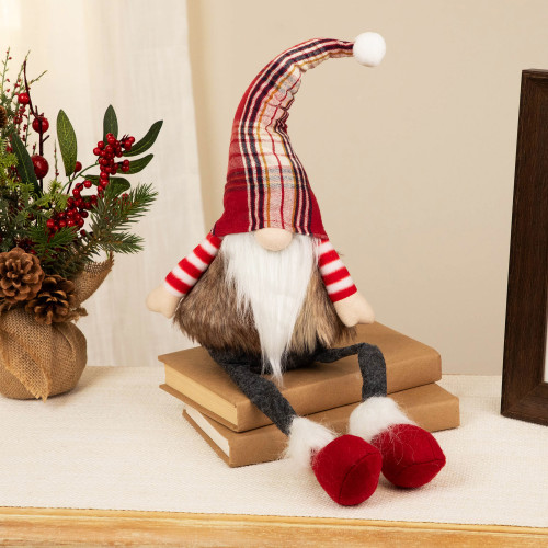 Plaid Gnome with Dangling Legs Christmas Figure - 20.5" - Red Gray and White - IMAGE 1