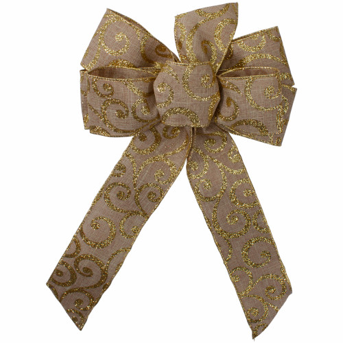 Burlap Glitter Scroll 6-Loop Christmas Bow Decoration - 9" x 14" - Brown and Gold - IMAGE 1