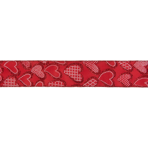 Red and White Glittered Hearts Valentine's Day Wired Craft Ribbon 2.5" x 10 Yards - IMAGE 1
