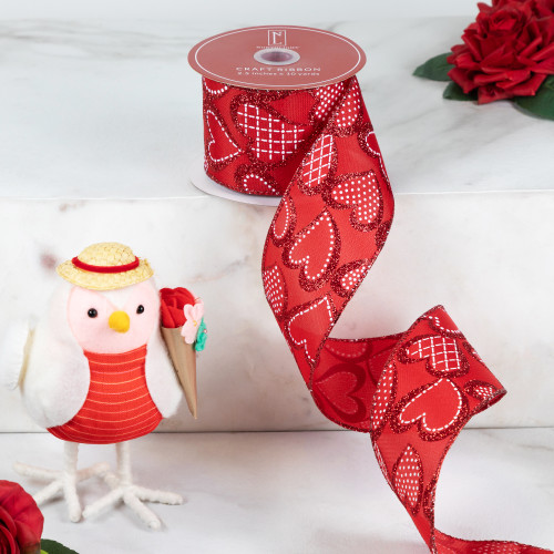 Hearts Valentine's Day Glittered Wired Craft Ribbon - 2.5" x 10 Yards - Red and White - IMAGE 1