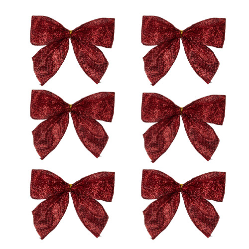 Glittered 2-Loop Christmas Bow Decorations - 5.5" - Red - Pack of 6 - IMAGE 1