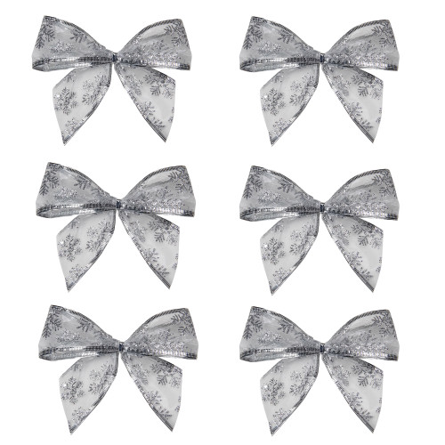 Sheer Snowflake 2-Loop Christmas Bow Decorations - 5.5" - Silver - Pack of 6 - IMAGE 1