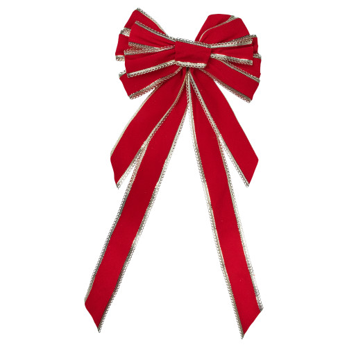 Velvet 10-Loop Christmas Bow Decoration - 12" x 25" - Red and Gold - IMAGE 1