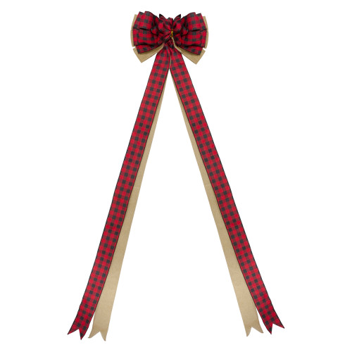 48" x 10" Burlap and Buffalo Plaid 16 Loop Christmas Bow Decoration - IMAGE 1