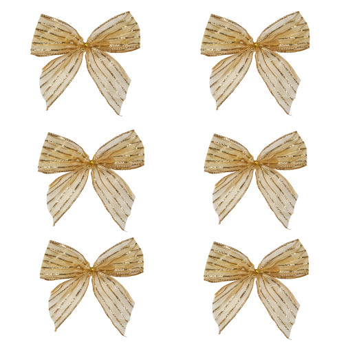 Glitter Striped 2-Loop Christmas Bow Decorations - 5.5" - Gold - Pack of 6 - IMAGE 1