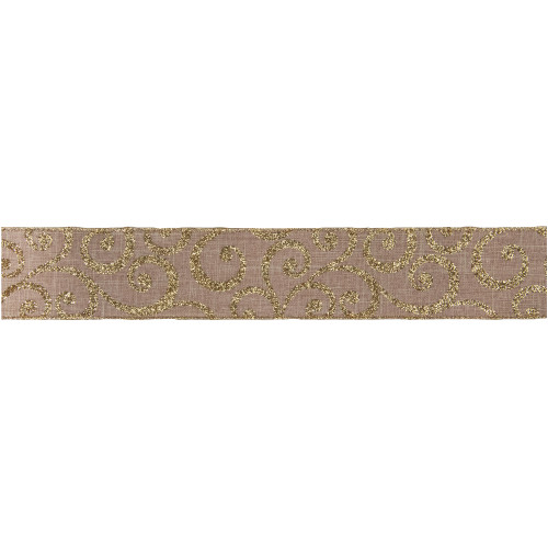 Burlap and Gold Scroll Christmas Wired Craft Ribbon 2.5" x 10 Yards - IMAGE 1