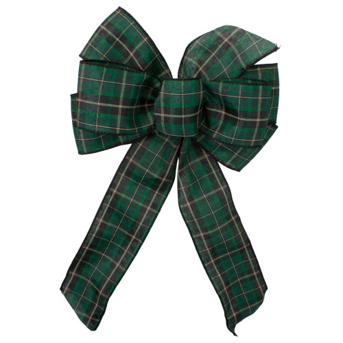 14" x 9" Black and Green Plaid 6 Loop Christmas Bow Decoration - IMAGE 1