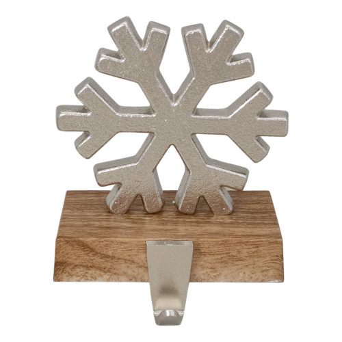 6.25" Silver Snowflake with Wood Finish Base Christmas Stocking Holder - IMAGE 1
