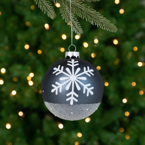 Set of 6 Gray & White Snowflake Glass Christmas Ball Ornaments 4 ...