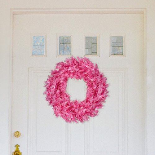 24" Pre-Lit Pink Spruce Artificial Christmas Wreath, Pink Lights - IMAGE 1