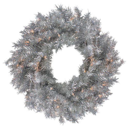 24" Silver Tinsel Artificial Christmas Wreath, Clear Lights - IMAGE 1