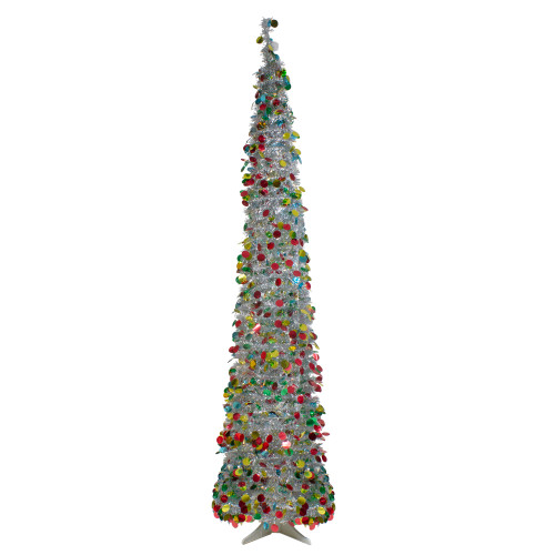 6' Pre-Lit Silver Tinsel Pop-Up Artificial Christmas Tree - Warm White LED Lights - IMAGE 1