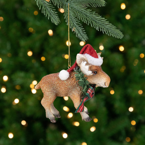 3.5-Inch Moose Wearing Santa Hat and Plaid Bow Christmas Ornament - IMAGE 1