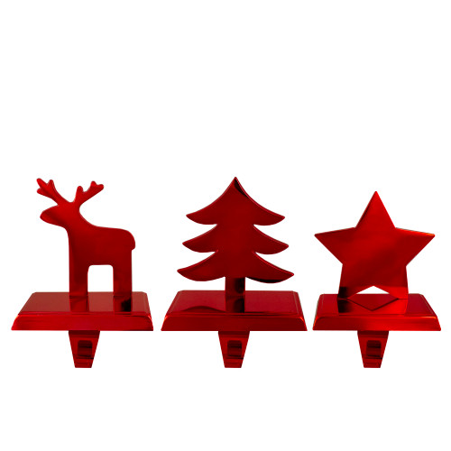 Reindeer, Christmas Tree, and Star Metallic Red Christmas Stocking Holders - IMAGE 1