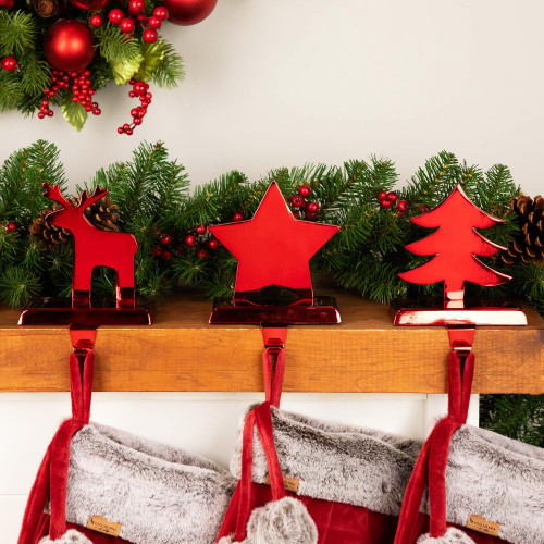 Reindeer, Christmas Tree, and Star Metallic Red Christmas Stocking Holders - IMAGE 1