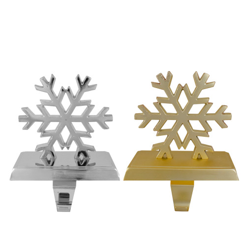 Set of 2 Gold and Silver Shiny Snowflake Christmas Stocking Holders - IMAGE 1